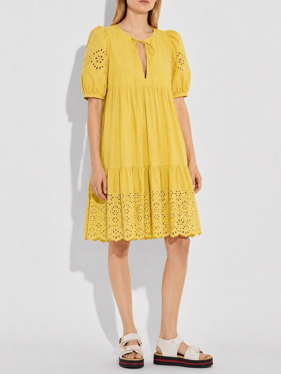 Coach Dresses & Skirts - Coach mustard yellow eyelet cotton broderie puff sleeve anglaise dress